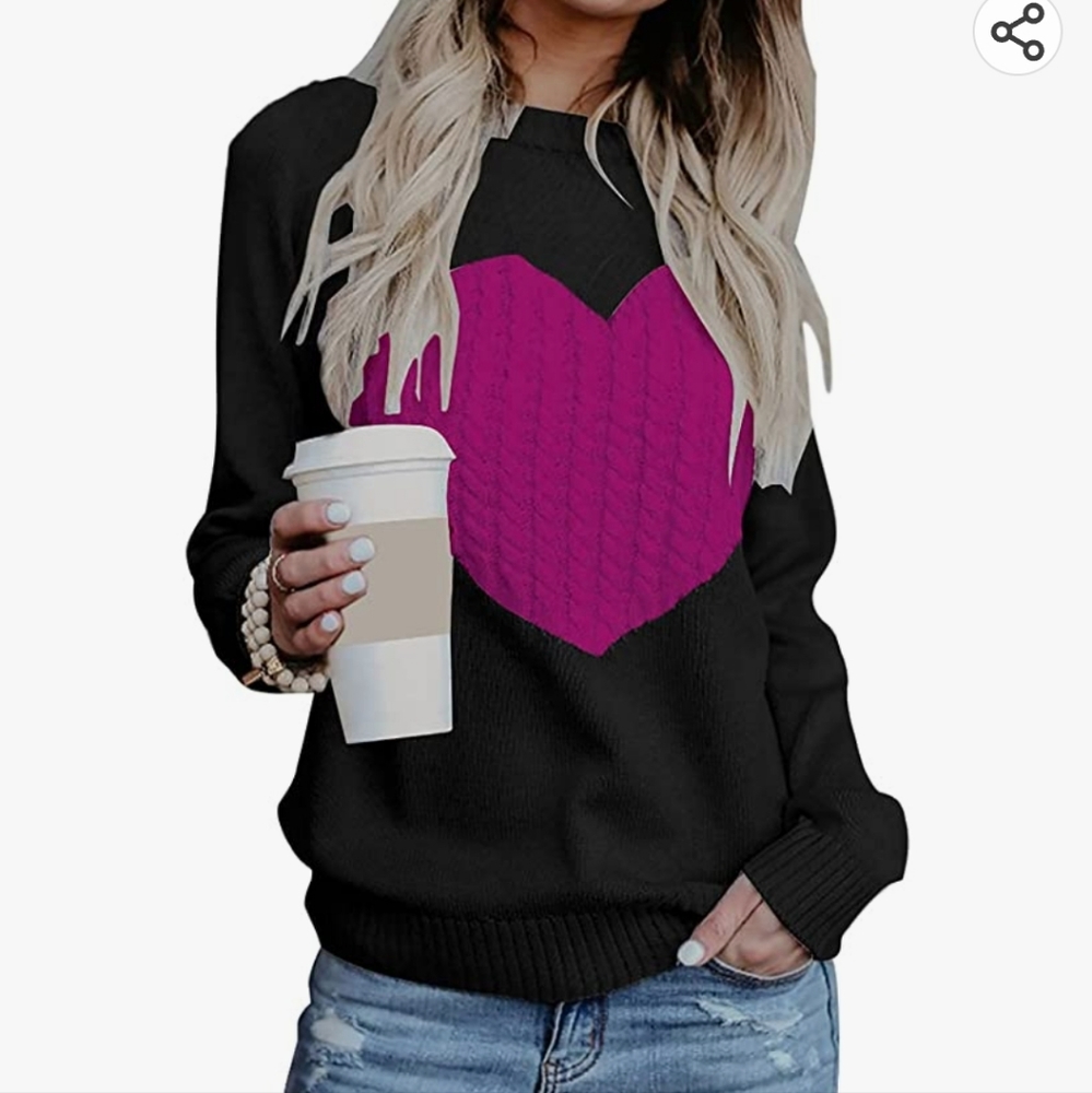 Cozy Black Sweater with Pink Heart